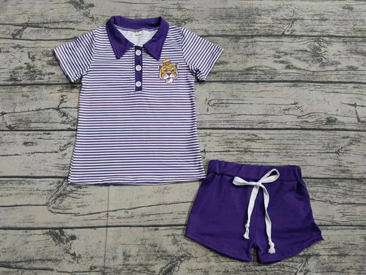 Baby Boy Short Sleeves Tiger Stripes Shirt Purple Shorts Team Set