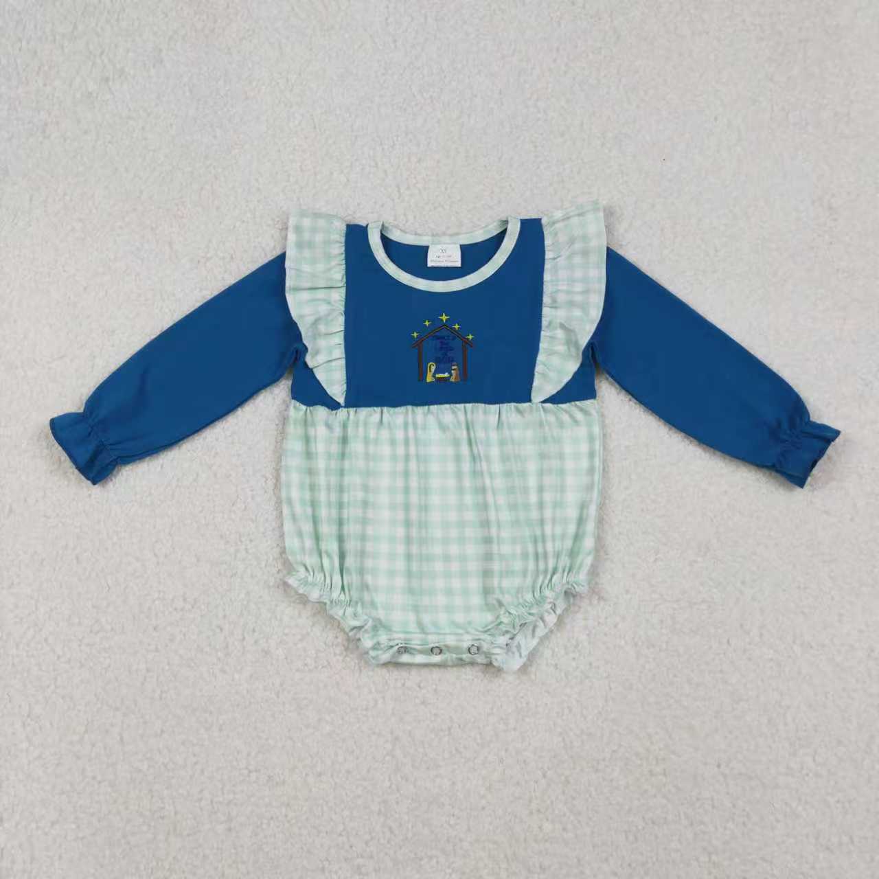Sibling Girls Kids Long Sleeves Embroidery Nativity Plaid Pockets Christmas Romper Set RTS