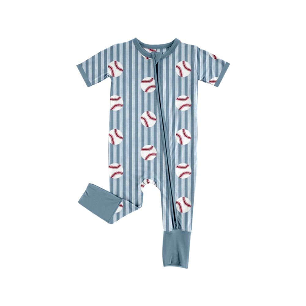 (Moq 5 ) Preorder Baby Boys Kids Short Sleeves Baseball Blue Stripes Zipper Footie Romper Clothes