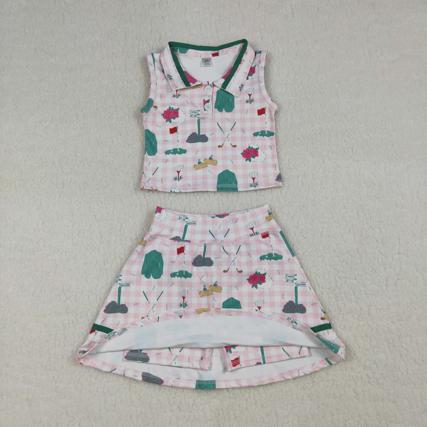 Baby Girls Sleeveless Golf Plaid Tops Shorts Skirt Yoga Pink Clothes Set RTS