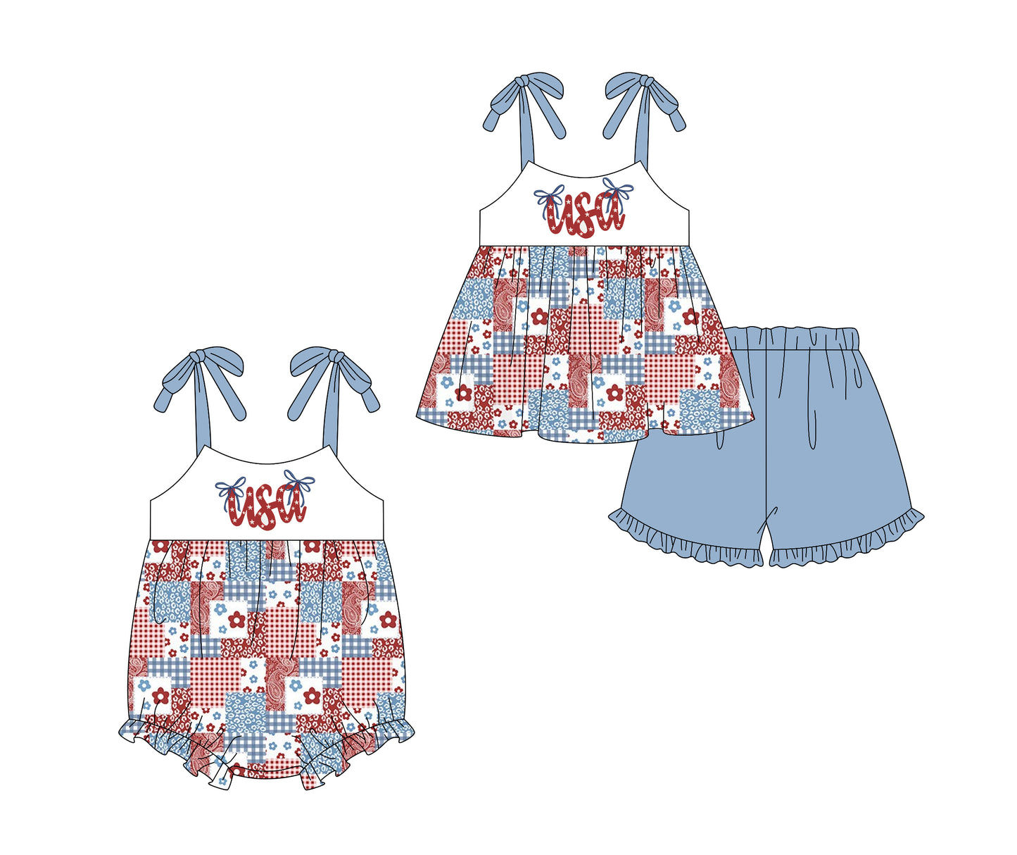 ( Moq 5 Each Style ) Sibling Baby Girls Kids USA Flower 4th of July Tops Shorts Set Romper