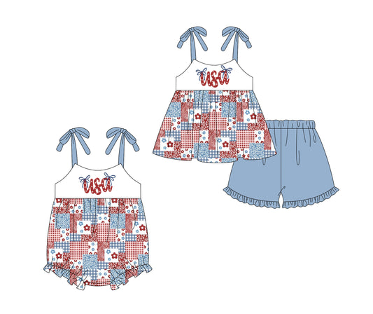 ( Moq 5 Each Style ) Sibling Baby Girls Kids USA Flower 4th of July Tops Shorts Set Romper