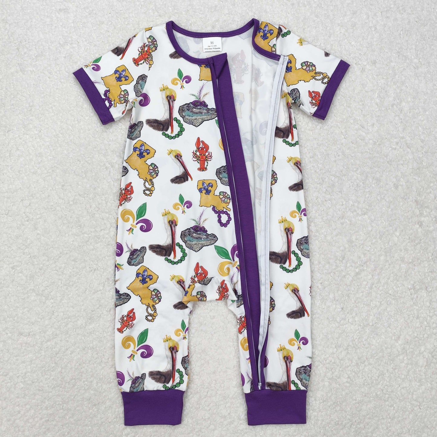 RTS Baby Boy Infant Short Sleeves Mardi Gras Bird Zipper Romper