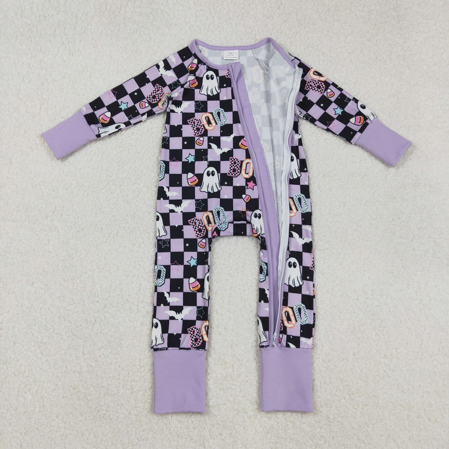 Baby Girl Long Sleeves Ghost Candy Plaid Halloween Purple Zipper Romper RTS