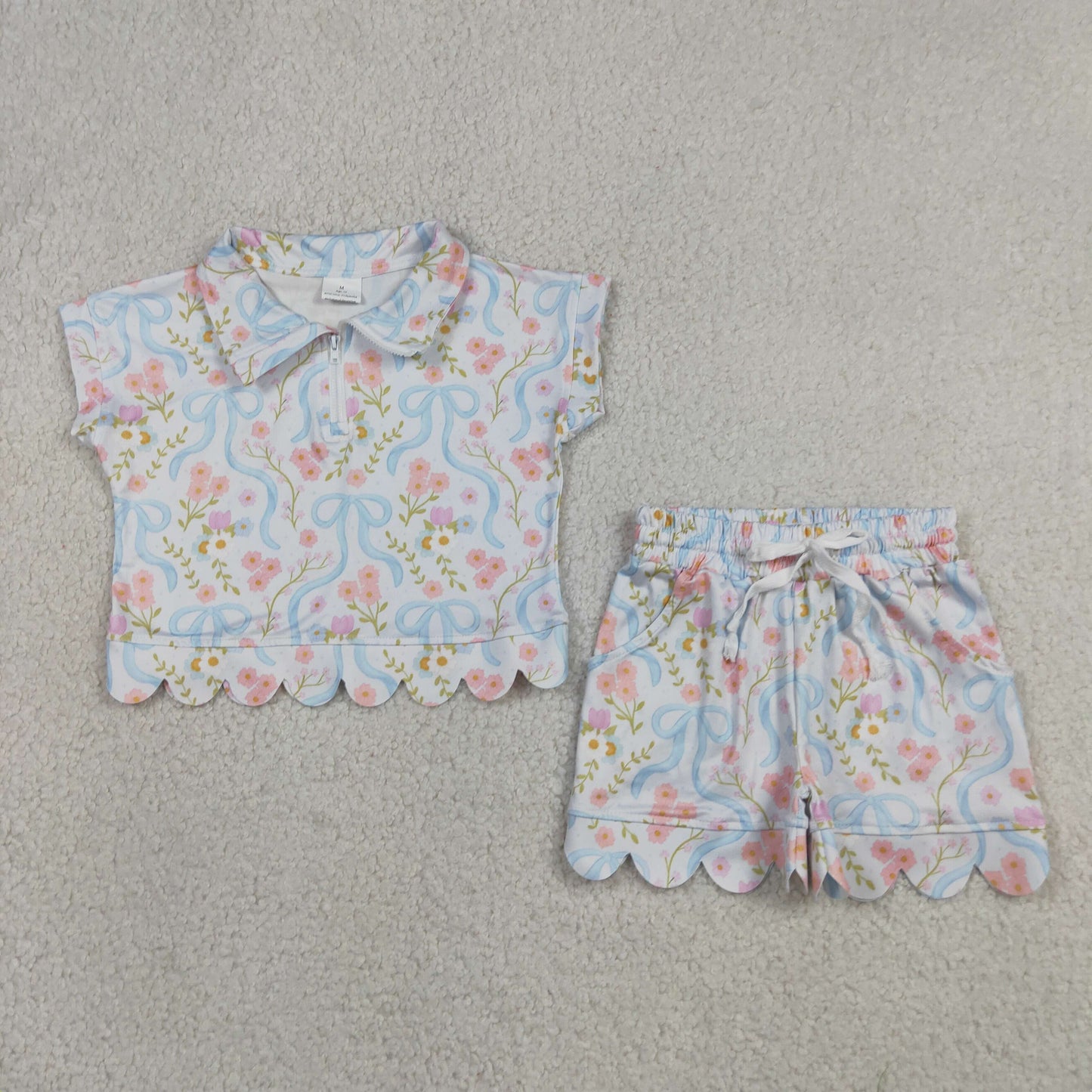 Baby Girls Kids Short Sleeves Zipper Shirt Flower Bows Scallop Shorts Set Clothes RTS
