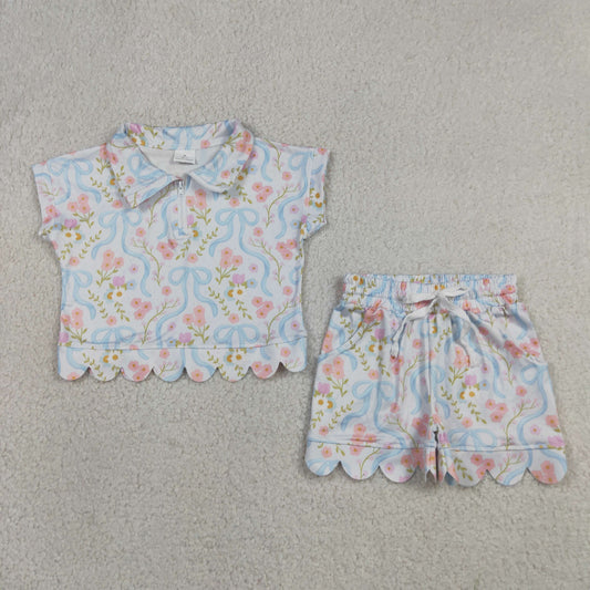 Baby Girls Kids Short Sleeves Zipper Shirt Flower Bows Scallop Shorts Set Clothes RTS