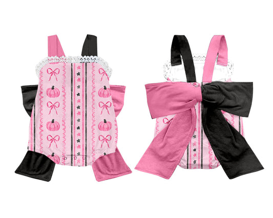 Baby Girl Pumpkin Pink Black Big Bow Bubble Romper