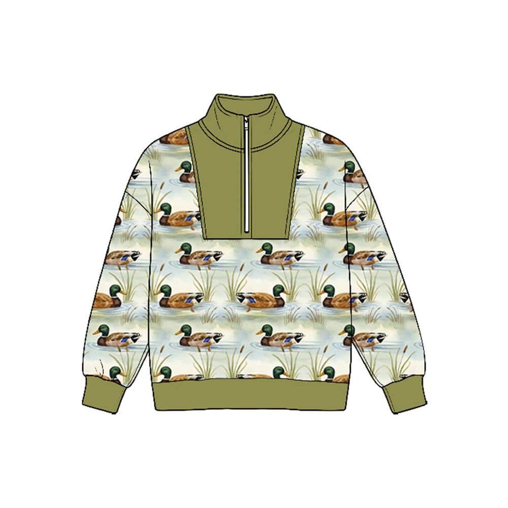 ( Moq 5 ) Preorder Baby Boys Kids Long Sleeves Half Zip Shirt Ducks Olive Pullover Tops