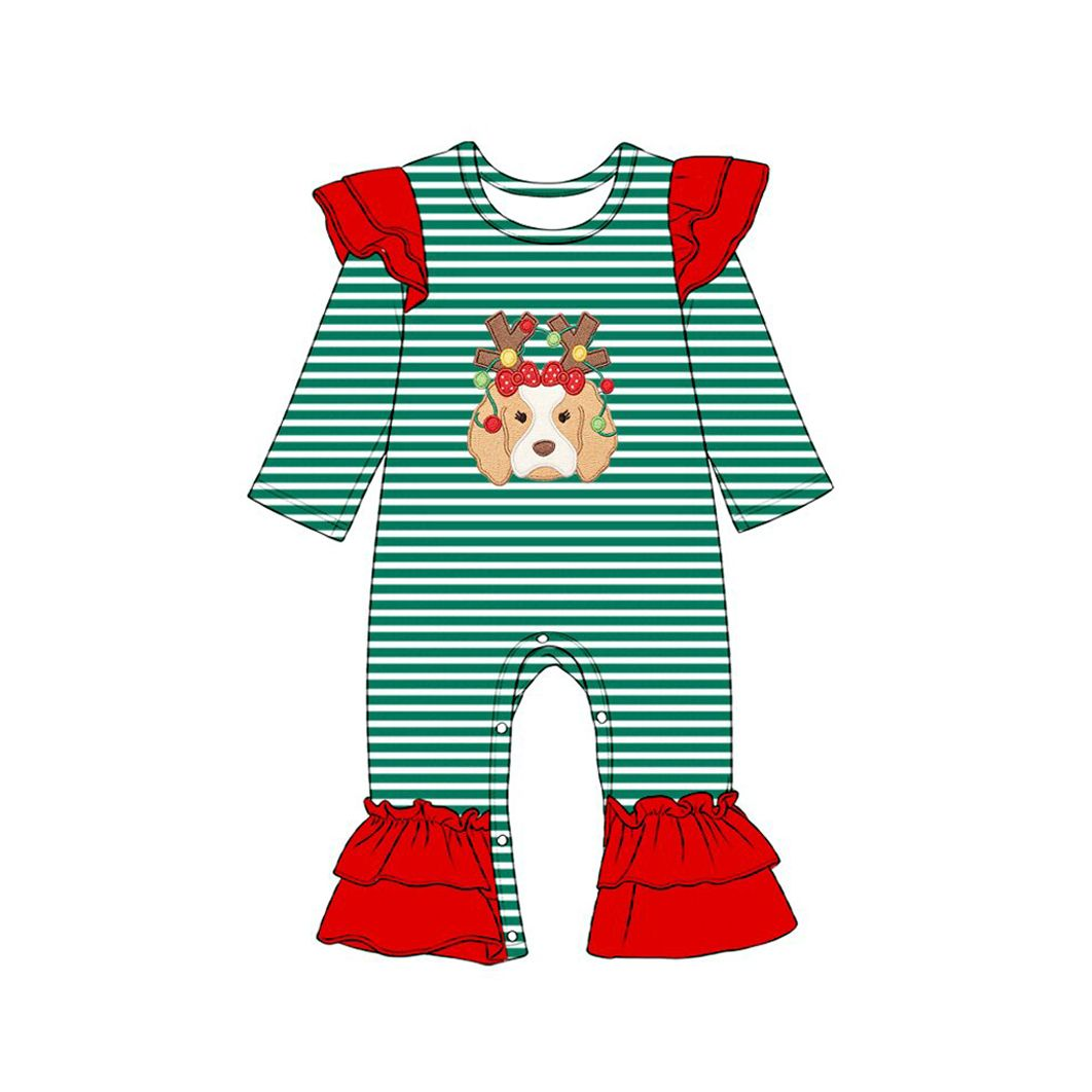 ( Moq 5 ) Preorder Baby Girl Kids Long Sleeves Christmas Dog Green Stripes Romper Clothes