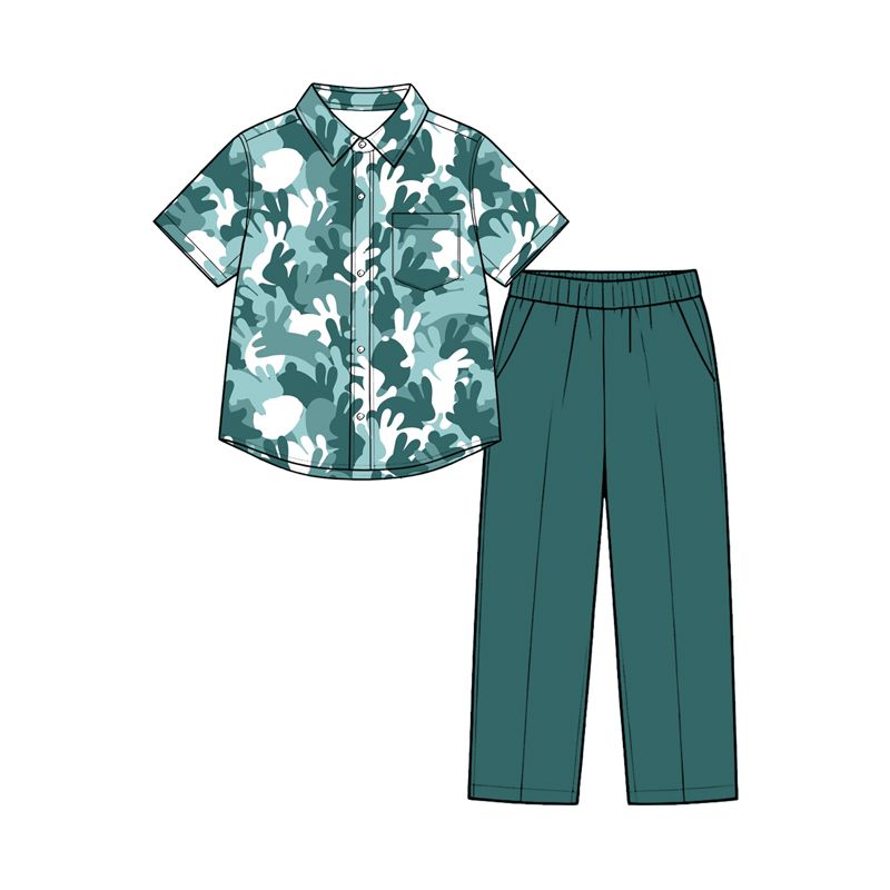 ( Moq 5 ) Preorder Baby Boys Kids Rabbits Eggs Buttons Camo Shirt Pockets Pants Easter Set Clothes