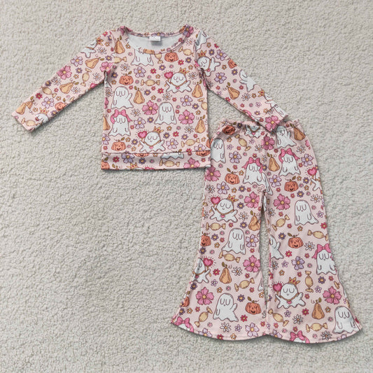 Baby Girls Kids Ghosts Pumpkins Flower Shirt Bell Pants Halloween Set Clothes RTS