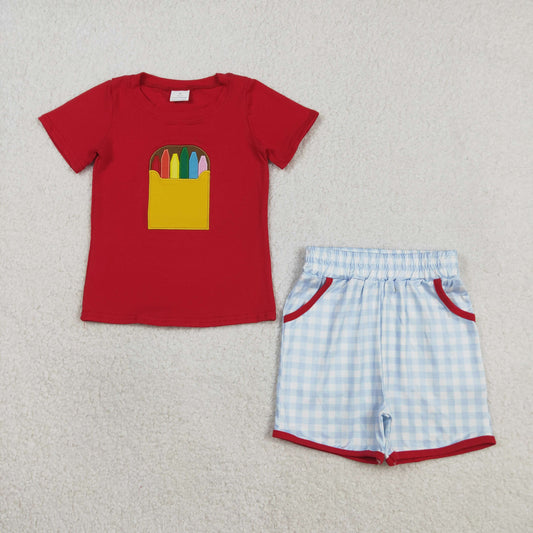 Baby Boys Embroidery Pencil Red Shirt Pockets Plaid Shorts Back to School Set RTS