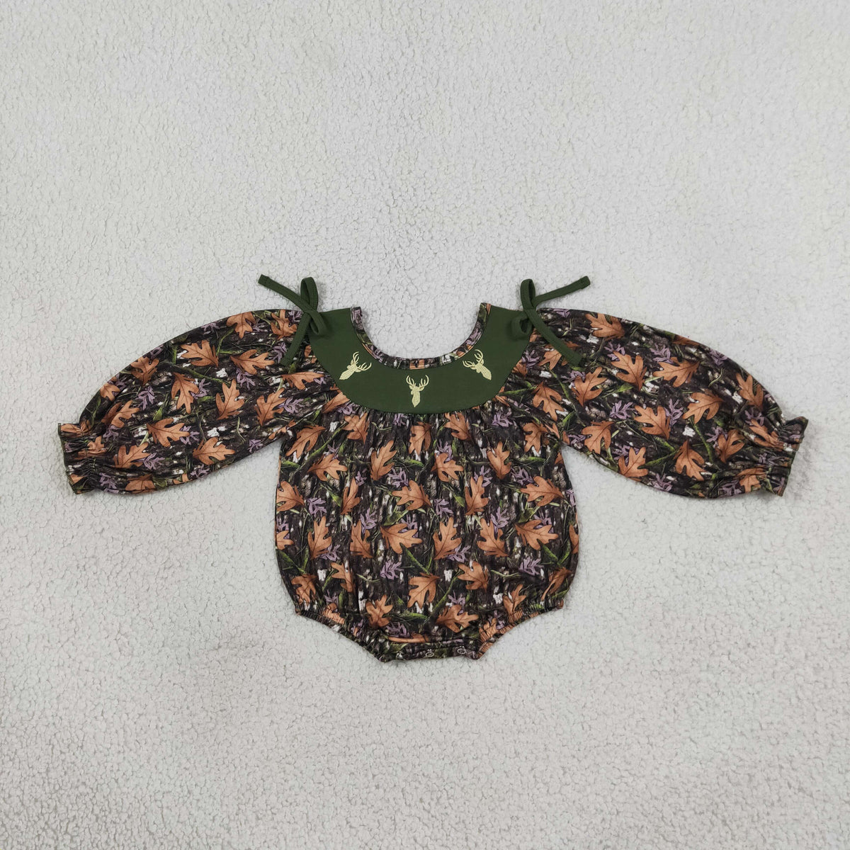 Baby Girls Infant Long Sleeves Embroidery Deer Camo Bows Bubble Romper RTS