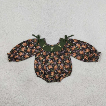 Sibling Baby Boys Girls Infant Embroidery Deer Leaves Bubble Rompers Camo Clothes RTS