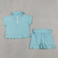 Baby Girls Kids Short Sleeves Zipper Shirt Scallop Shorts Blue Green Set RTS