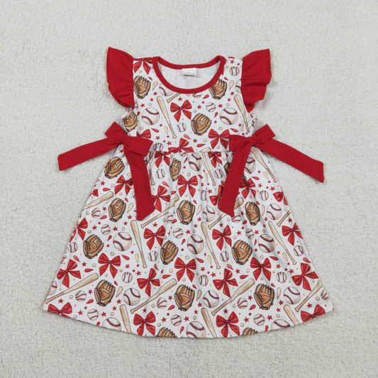 Baby Girl Kids Short Sleeves Baseball Bows Knee Length Dress RTS