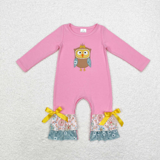 Baby Girl Pink Long Sleeves Fall Embroidery Owl Ruffle Romper