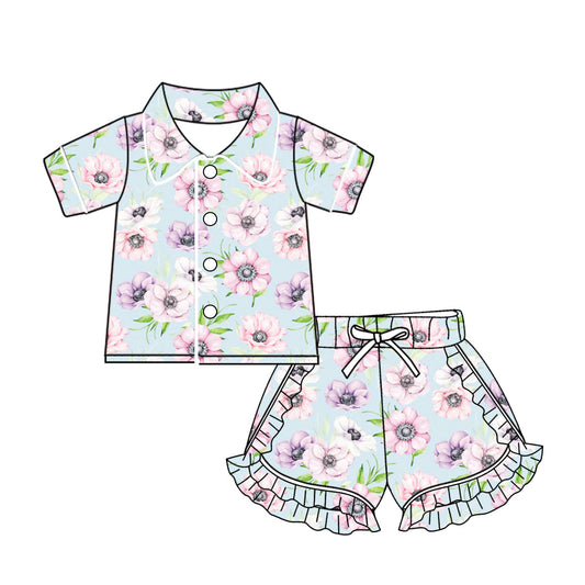 Baby Girl Short Sleeves Flower Buttons Shirt Shorts Ruffle Pajamas Set Moq 5