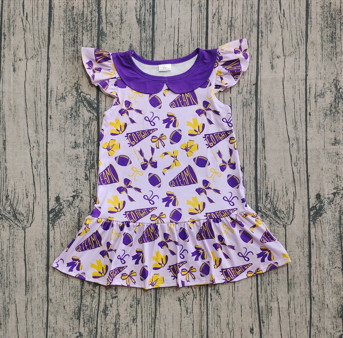( Mo moq ) Preorder Baby Girl Short Sleeves Cheer Purple Bows Summer Team Knee Length Dress