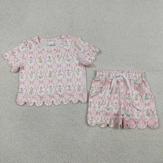 Baby Girls Kids Short Sleeves Flower Pink Shirt Scallop Shorts Summer Set RTS
