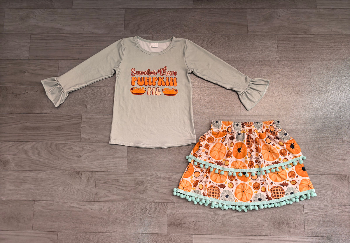 ( No moq ) Preorder Baby Girls Kids Long Sleeves Pumpkin Pie Tops Skirt Thanksgiving Set