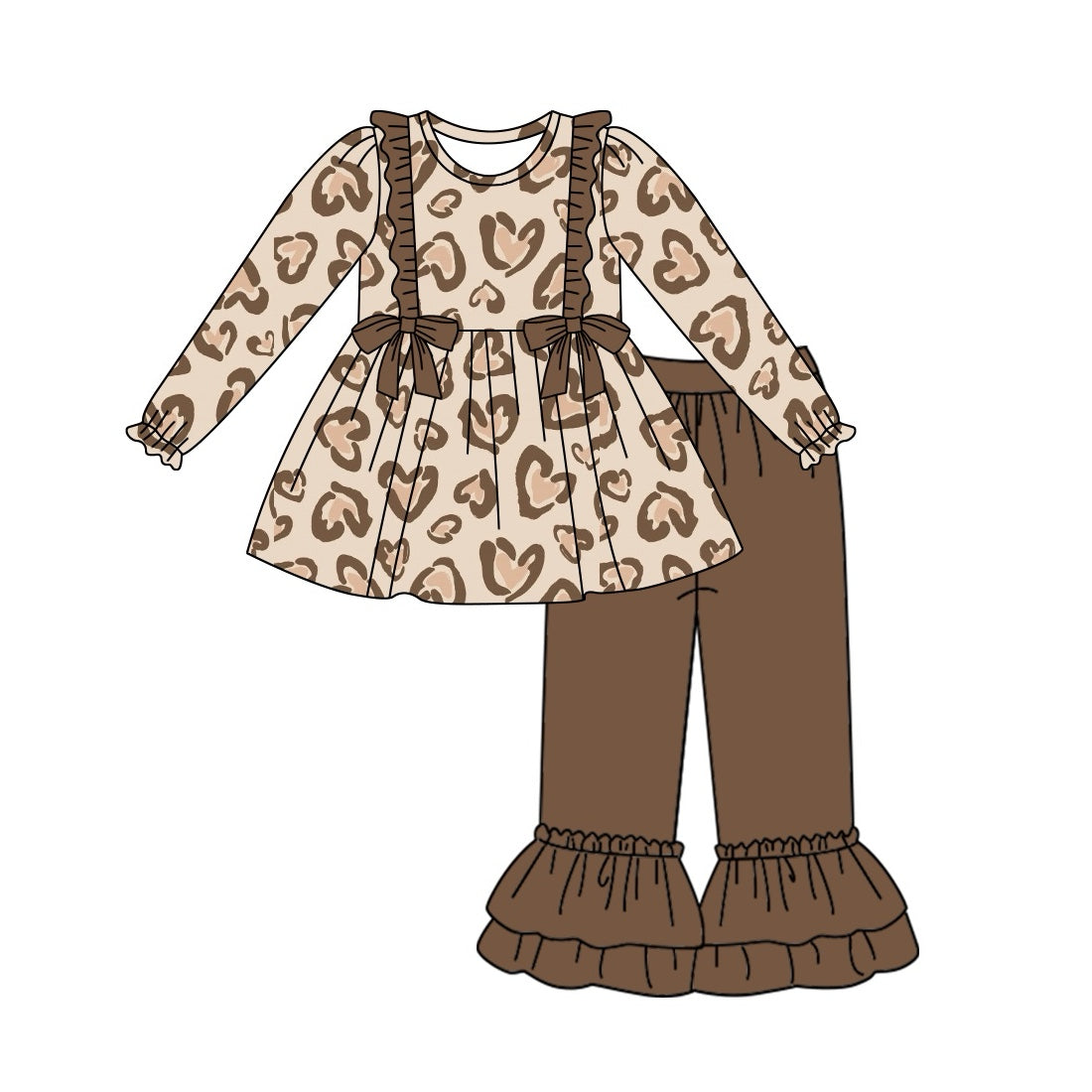 Baby Girl Long Sleeves Valentines Leopard Hearts Tunic Brown Pants Clothes Set Moq 5