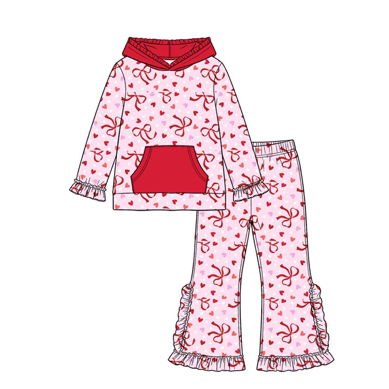 ( Moq 5 ) Preorder Baby Girls Kids Bows Hearts Pocket Hoodie Zipper Shirt Pants Valentine Set Clothes
