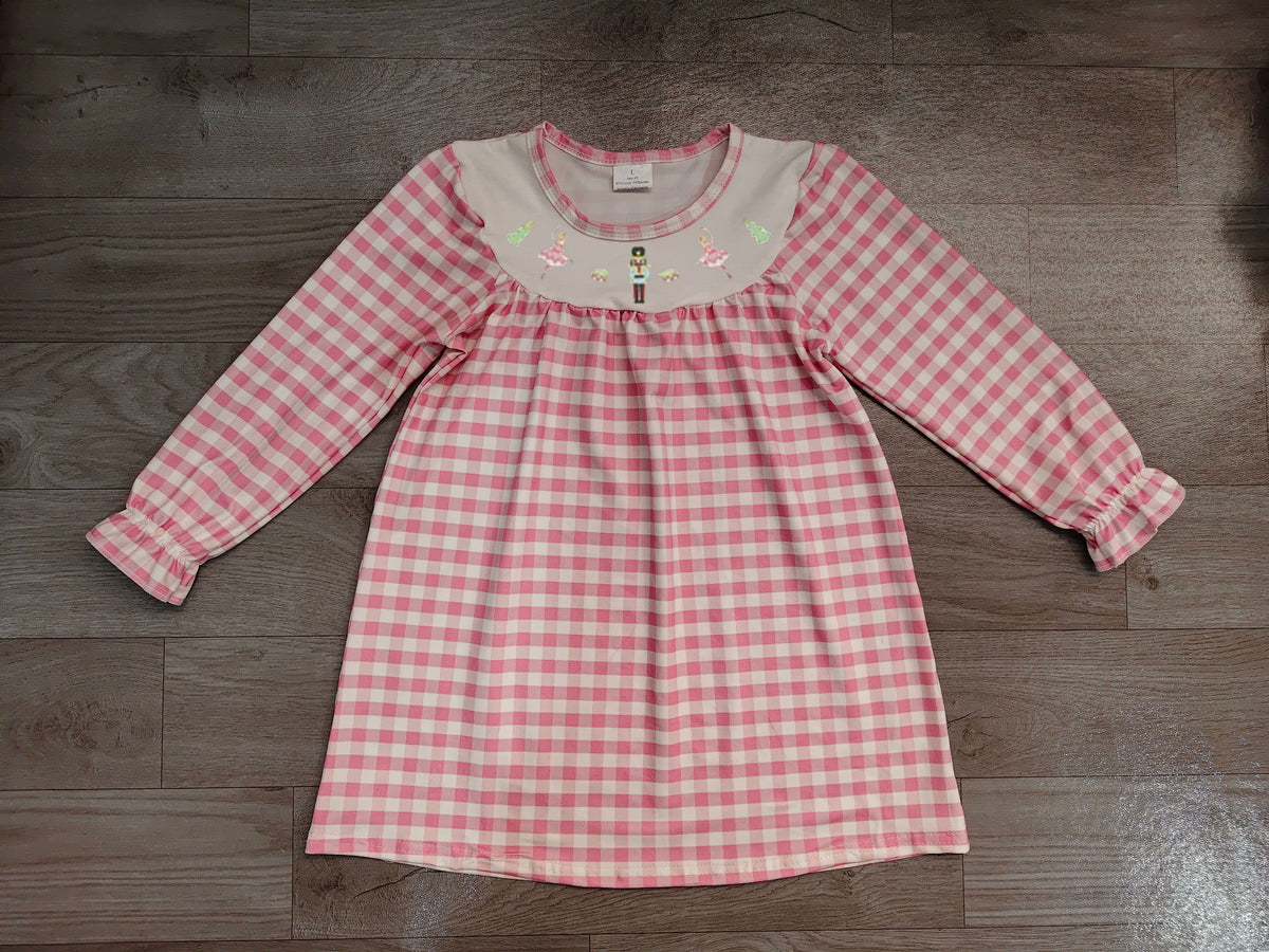 ( Moq 5 ) Preorder Baby Girls Kids Embroidery Pink Plaid Knee Length Dress Clothes