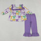 Sibling Girls Kids Colorful Bows Purple Ruffle  Mardi Gras Jumpsuit Dress Set RTS