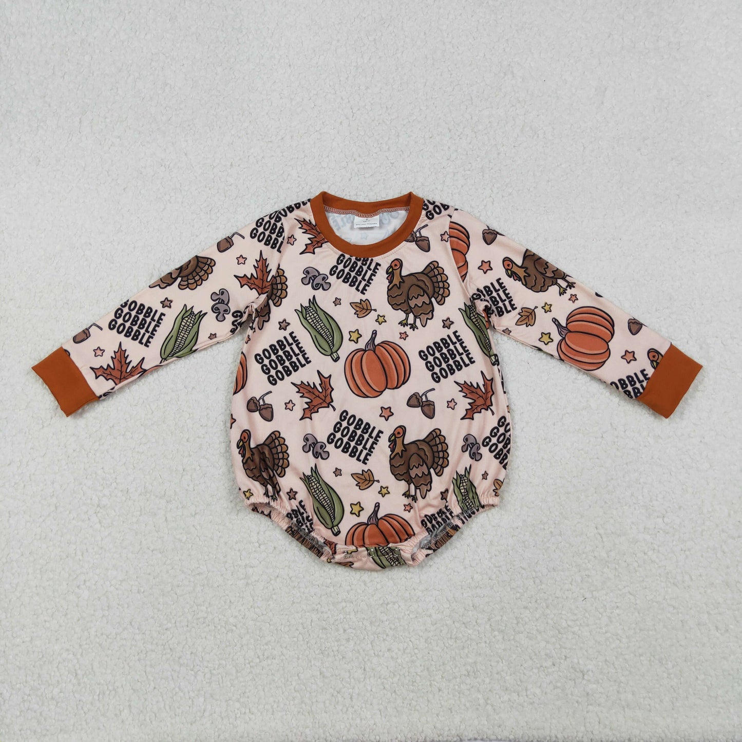 Baby Boy Long Sleeves turkey Pumpkins Thanksgiving Fall Bubble Romper RTS