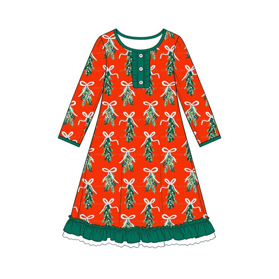 ( Moq 5 ) Preorder Baby Girls Kids Long Sleeves Christmas Tree Bows Knee Length Dress Clothes
