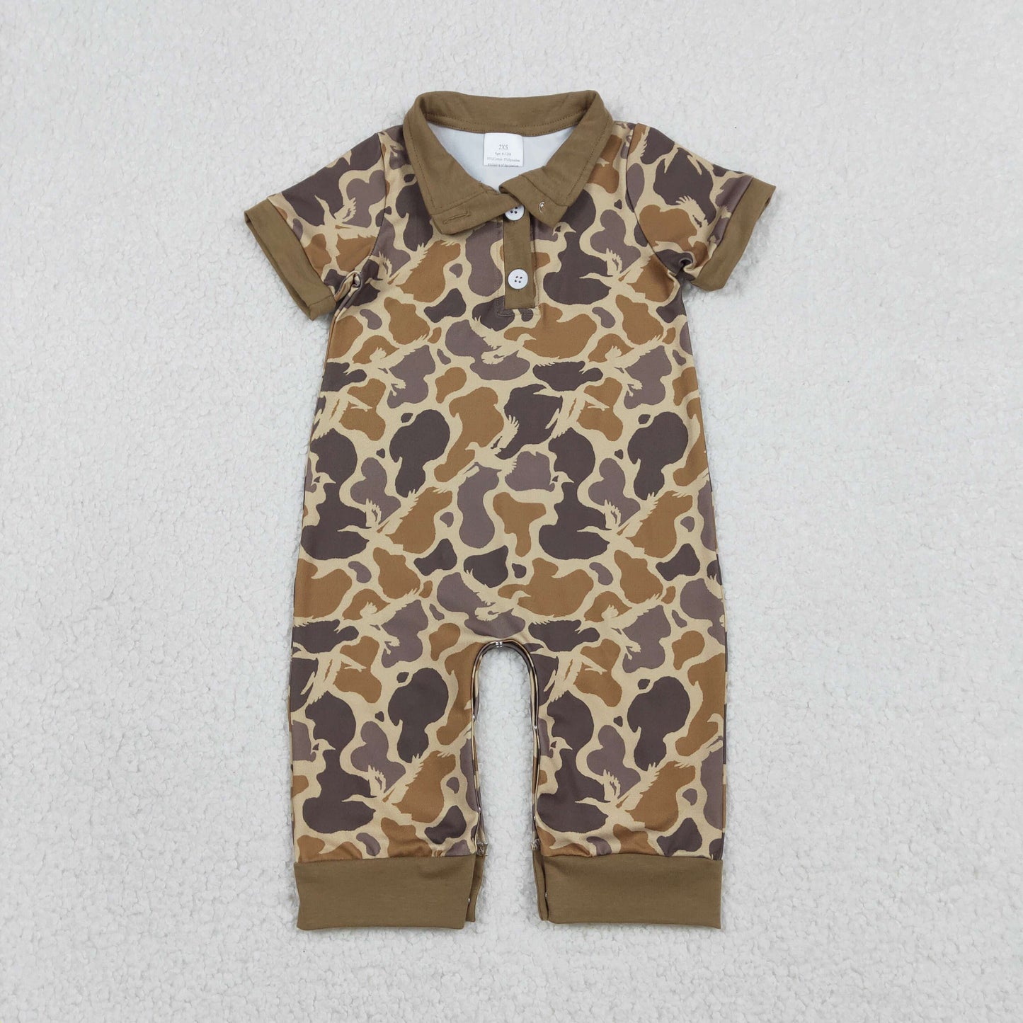 Baby Boys Infant Short Sleeves Camo Hunting Buttons Brown Romper RTS
