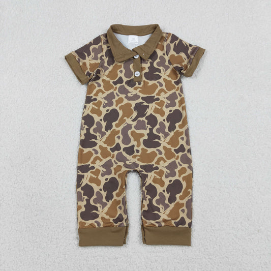 Baby Boys Infant Short Sleeves Camo Hunting Buttons Brown Romper RTS
