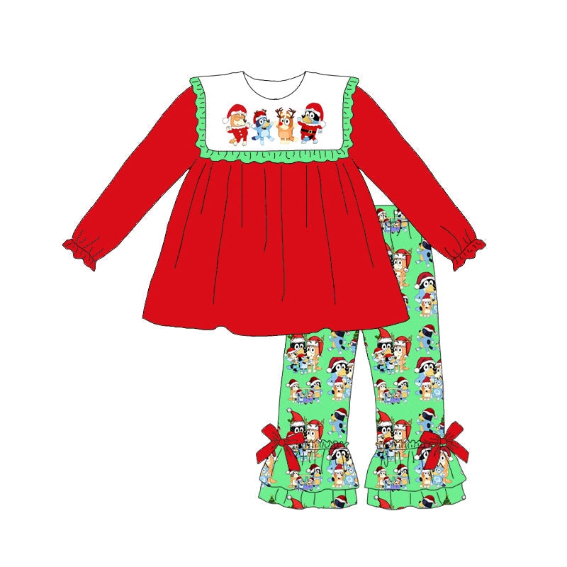 Baby Girl Christmas Dogs Red Tunic Ruffle Pants Set