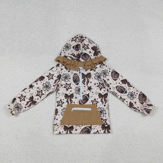 Baby Girl Long Sleeves Flower Bows Football Pocket Zipper Hoodie Shirt Tops RTS