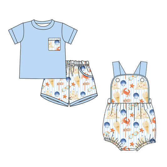 ( Moq 5 Each Style ) Sibling Baby Boys Kids Blue Shirt Pockets Shorts Summer Set Romper