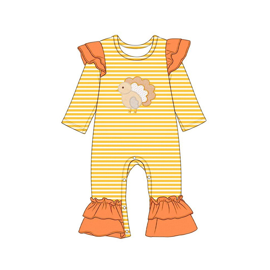 ( Moq 5 ) Preorder Baby Girl Kids Long Sleeves turkey Stripes Thanksgiving Romper Clothes