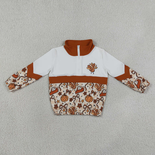 Baby Girls Kids turkey Pumpkins Bows Zipper Pullover Shirt Fall Clothes RTS