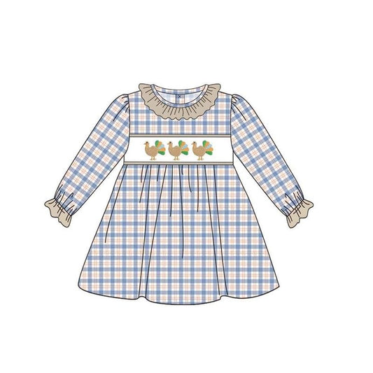 ( Moq 5 ) Preorder Baby Girls Kids Long Sleeves turkey Thanksgiving Plaid Knee Length Dress Clothes