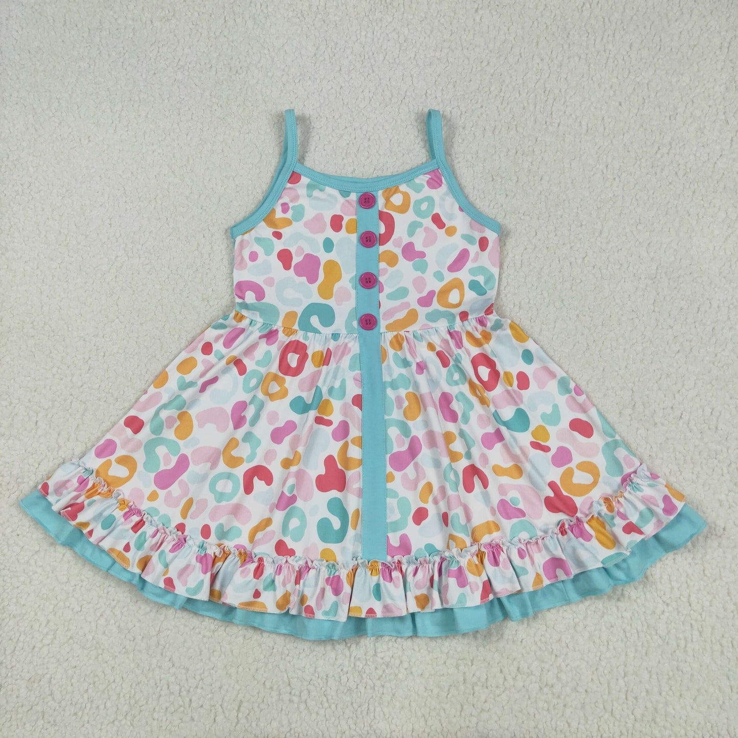 Baby Girl Straps Colorful Leopard Buttons Knee Length Dress RTS