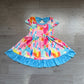 ( No moq ) Preorder Baby Girl Short Sleeves Tie Dye Pockets Ruffle Knee Length Dress