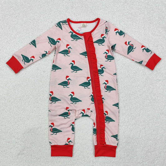 Baby Girl Infant Long Sleeves Christmas Ducks Zipper Pink Romper