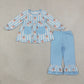 Sibling Baby Girls Kids Long Sleeves Christmas Santa Blue Stripes Tops Pants Sets Clothes RTS