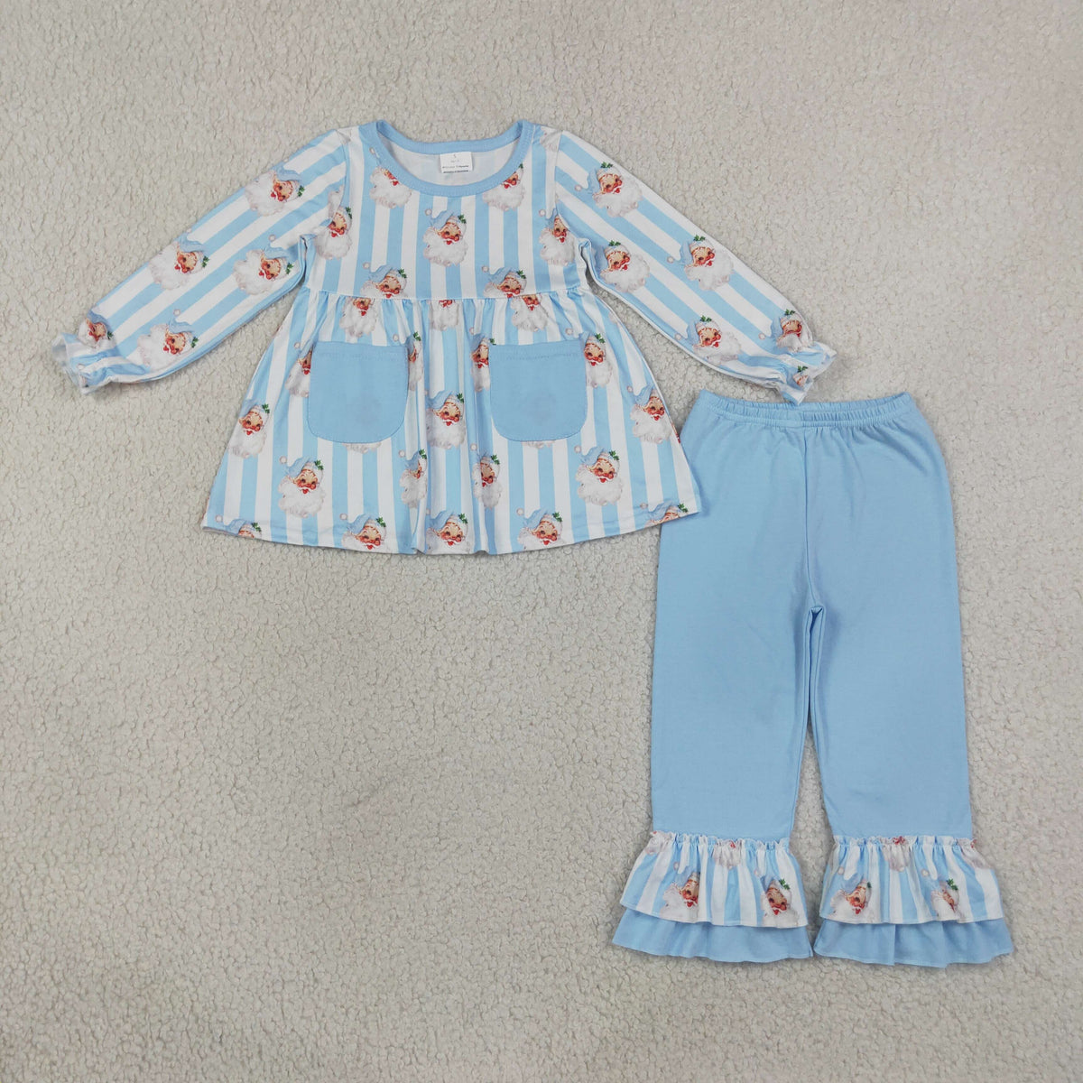 Baby Girl Kids Christmas Santa Stripes Pockets Tunic Blue Ruffle Pants Set Clothes RTS