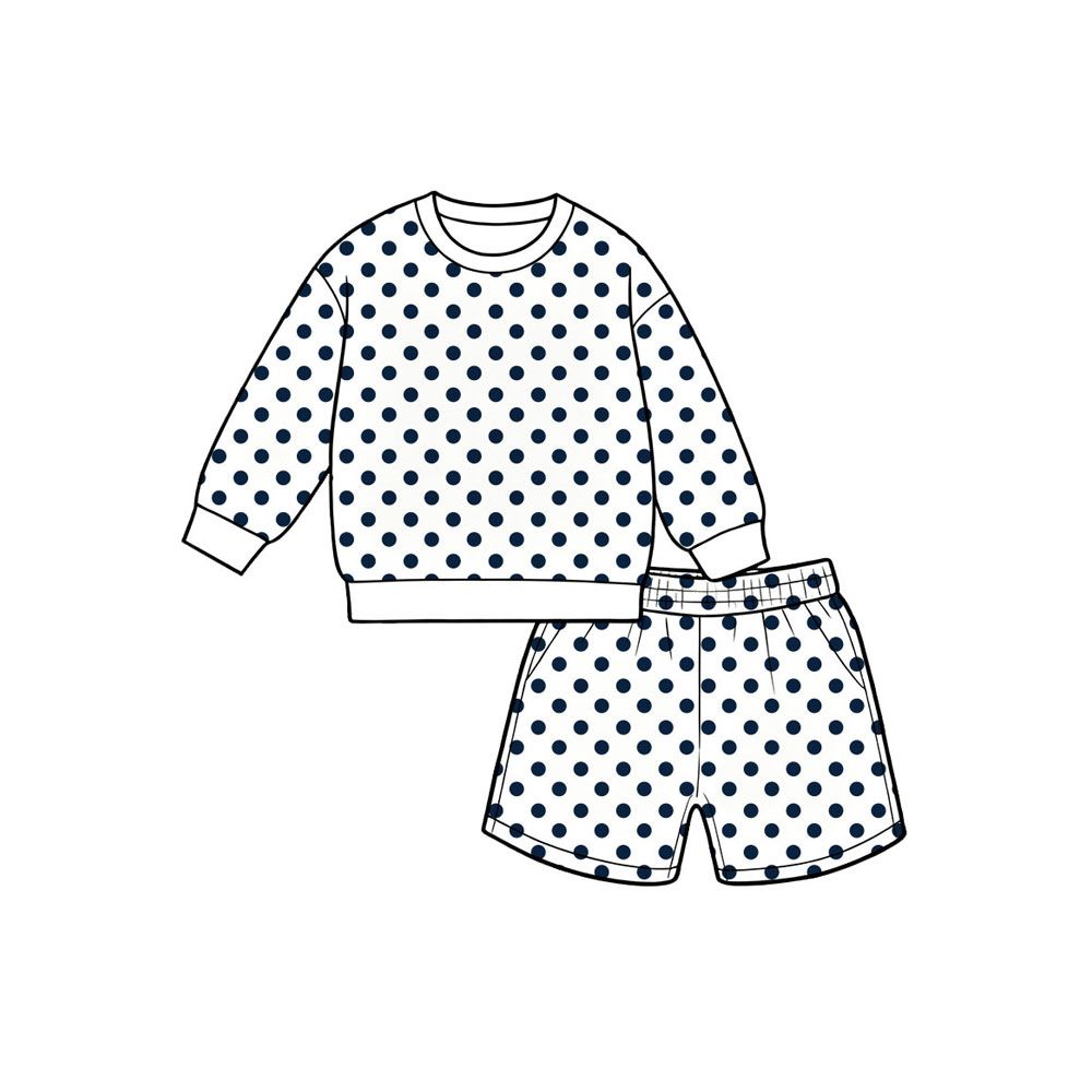 ( Moq 5 ) Preorder Baby Girls Kids White Long Sleeves Navy Dots Shirt Pockets Shorts Set Clothes