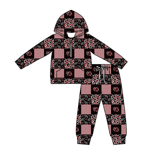 ( Moq 5 ) Baby Kids Long Sleeves Zipper Pullover Pockets Camo Red Black Plaid Pants Team Clothes Set