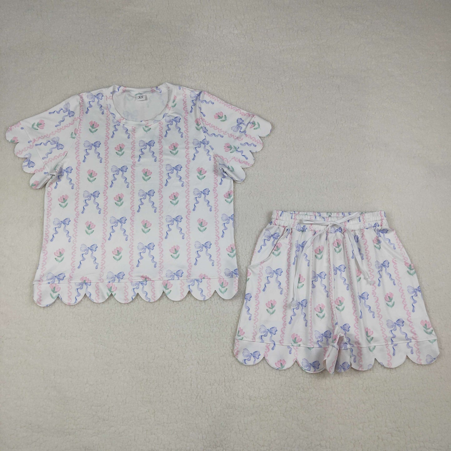 Adult Women Short Sleeves Flower Bows Scallop Shirt Shorts Clothes Set RTS
