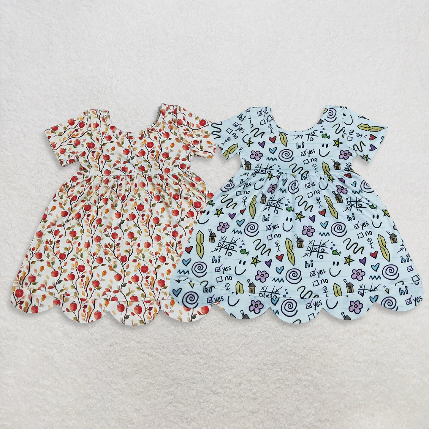 Sibling Baby Girls Kids Short Sleeves Back to School Scallop Dresses Clothes RTS