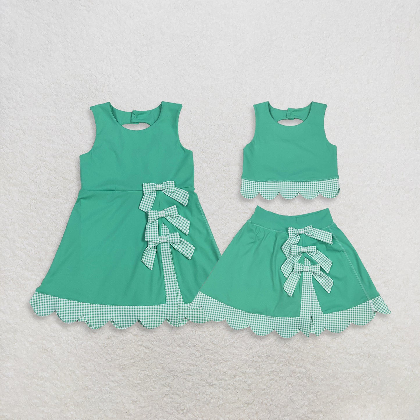 Sibling Baby Girls Kids Green Plaid Bows Skort Yoga Active Dress Set Scallop Clothes RTS