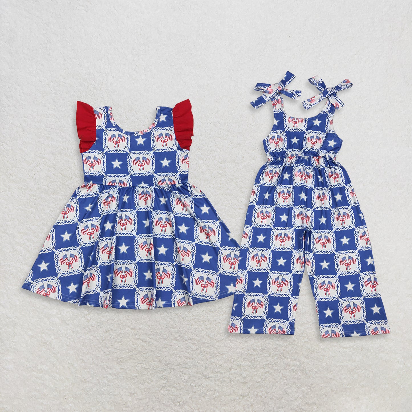 Sibling Baby Girls Kids 4th of July Flags Bows Stars Dress Jumpsuit Clothes RTS